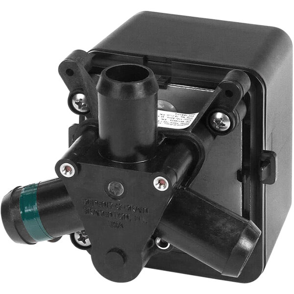 A black box with a black plastic Jet Tech diverter/drain valve inside.