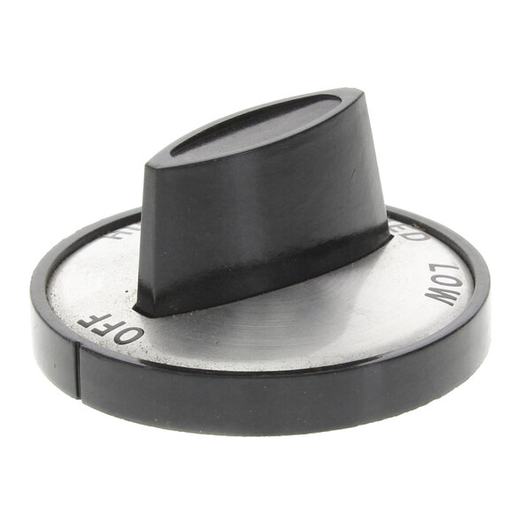 A black and silver Duke Burner Control Knob with a metal cap.