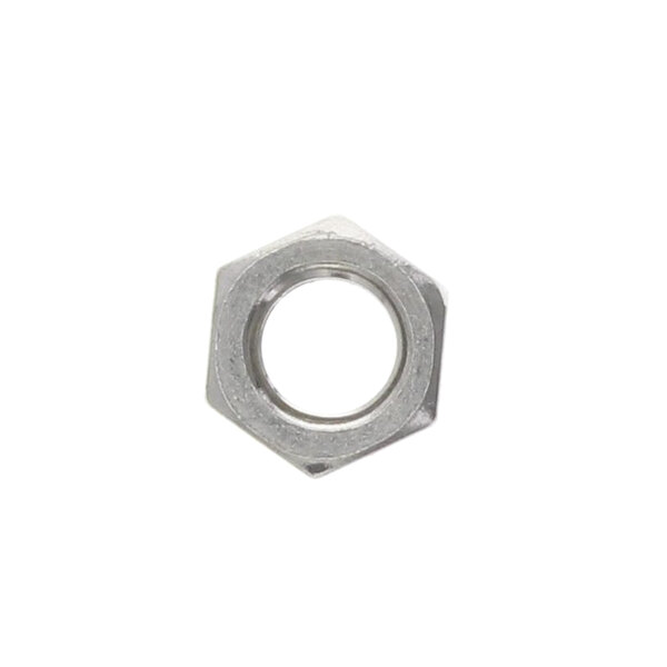 A close-up of a silver hexagon nut on a white background.