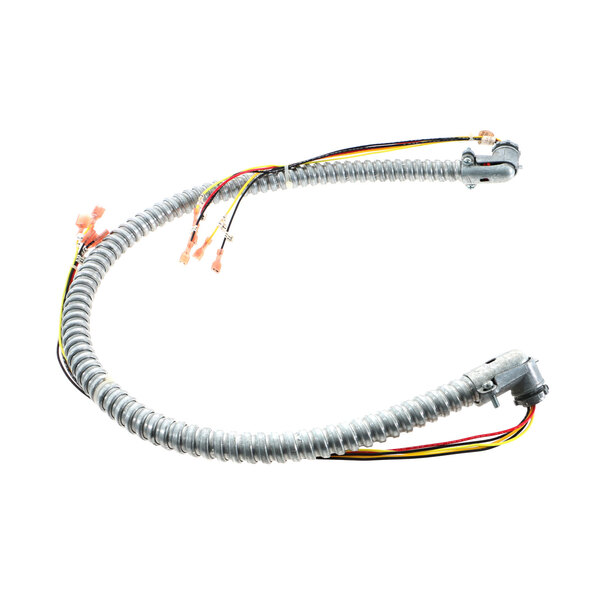 A Blodgett back wiring harness with wires and connectors inside a flexible metal tube.