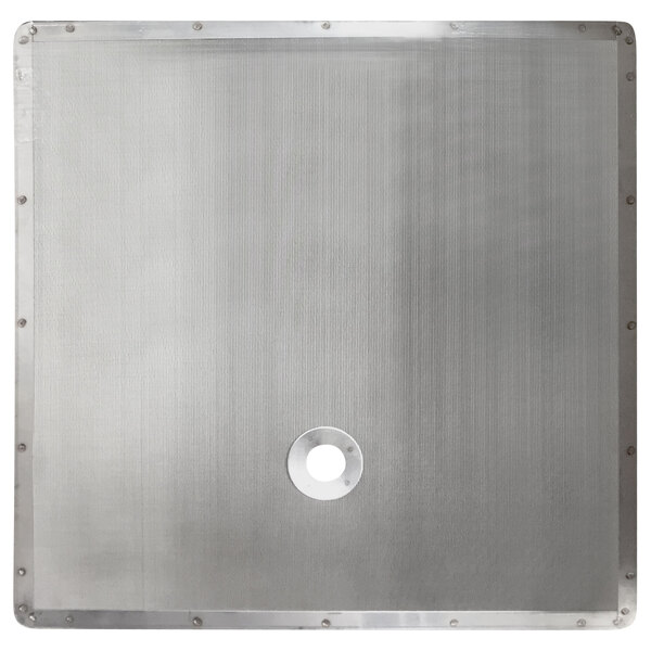 A stainless steel square plate with a hole in the center.