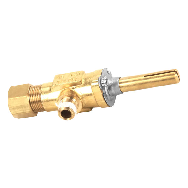 A Montague brass gas valve with a gold handle.