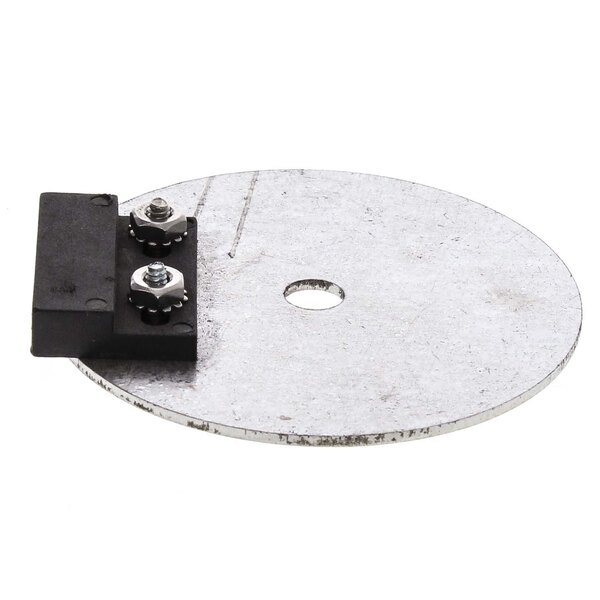 A close-up of a metal disc with a black and silver rack position indicator.