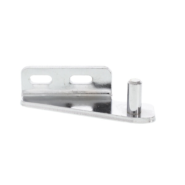 A stainless steel Delfield bottom right hinge bracket with holes.
