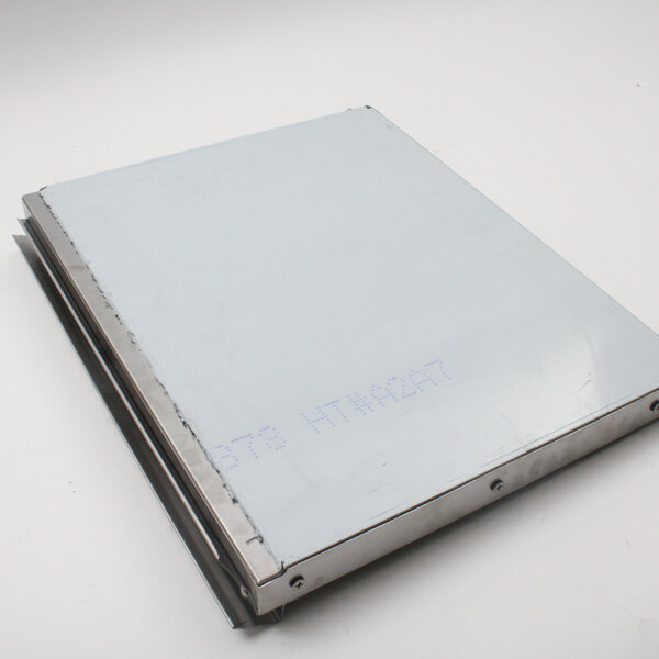 A white rectangular metal box with metal corners and blue writing on the white surface.