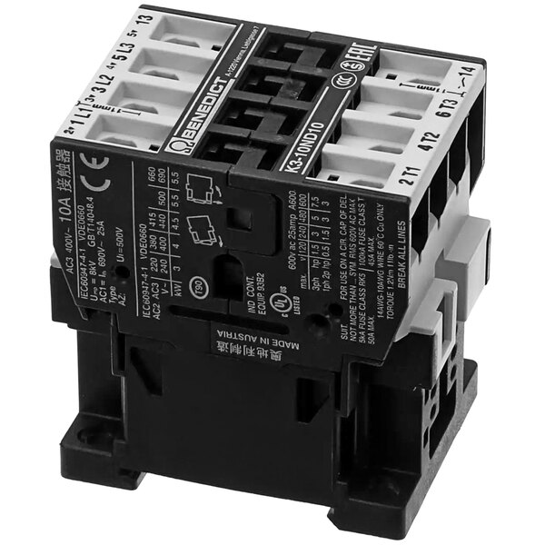 A black and white Varimixer contactor with three terminals.