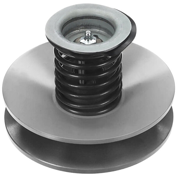 A metal pulley assembly with a black coil.