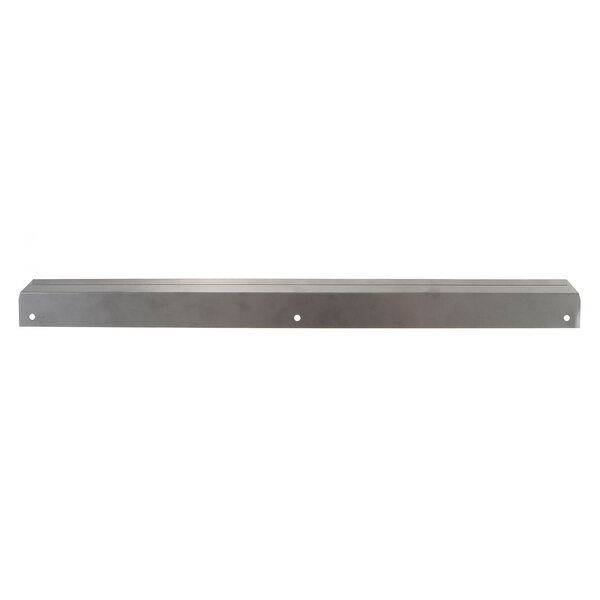 A stainless steel metal bar with holes on the ends.