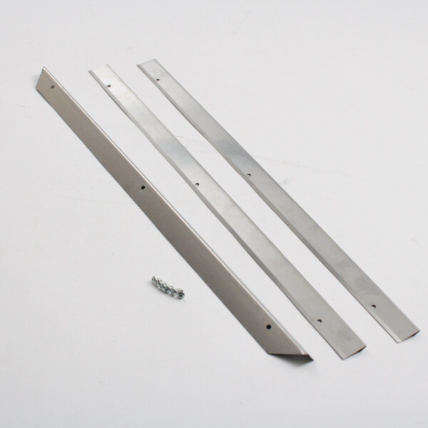 A group of three stainless steel metal strips with screws.