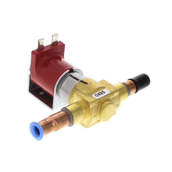 A Manitowoc Ice solenoid valve with red and blue hoses.