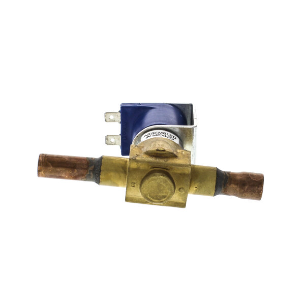 A close-up of a Manitowoc Ice water solenoid valve with a copper pipe.