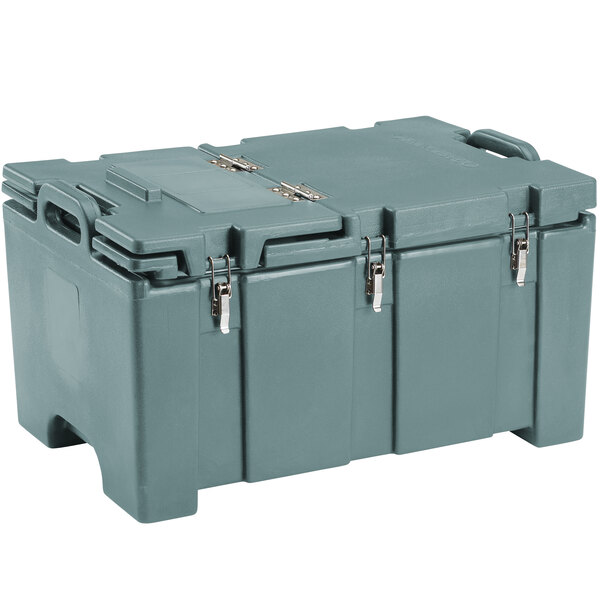 A grey plastic Cambro top-loading food pan carrier with hinged lid.