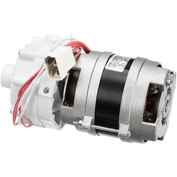 A small metal motor with red and white wires.