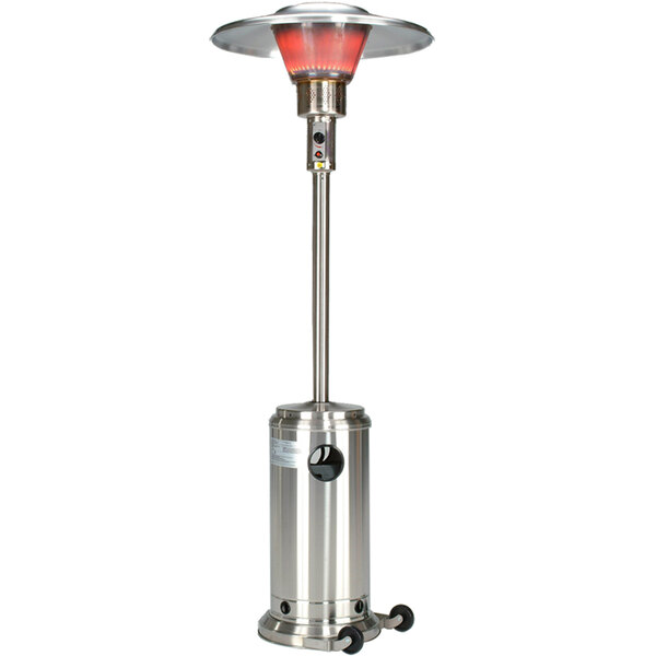 A silver stainless steel Schwank Deluxe Propane patio heater with a red light.