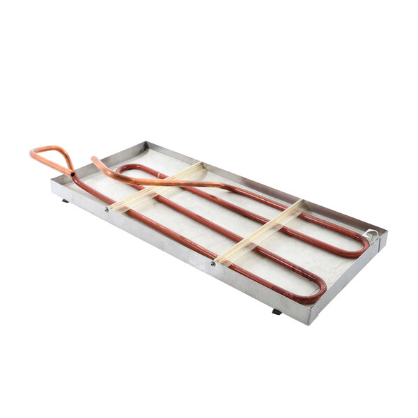 A Beverage-Air condensate drain pan with a heating element on it.