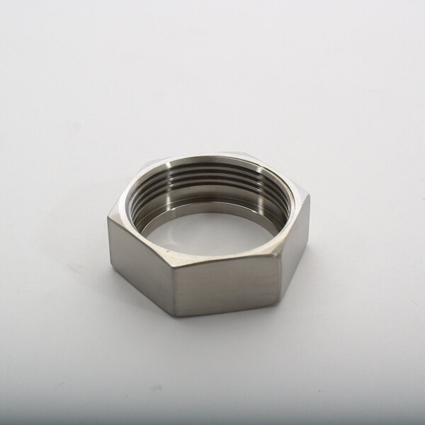 A close-up of a silver stainless steel Legion hex nut.