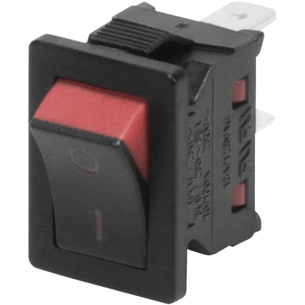A black Cornelius rocker switch with a red button.