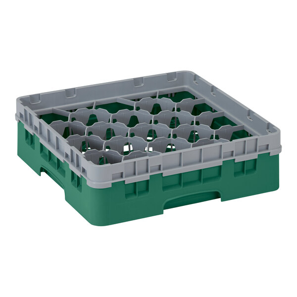 A green plastic Cambro glass rack with 20 compartments.