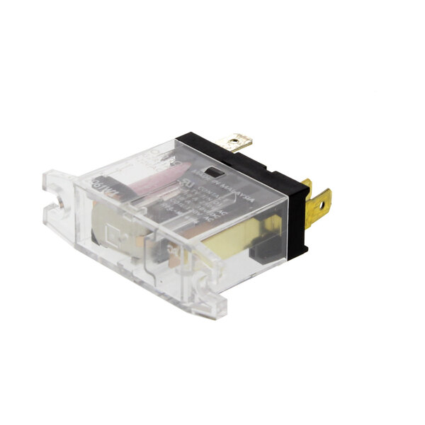 A clear plastic device with a black and white cover and a yellow and black connector.