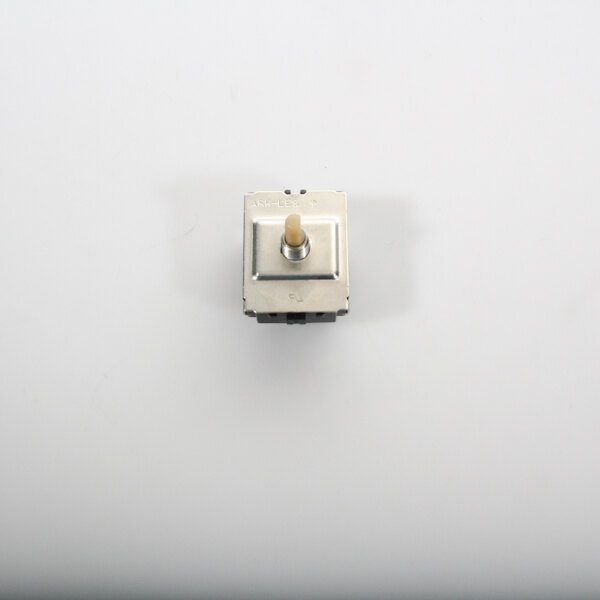 A close up of a small silver toggle switch.