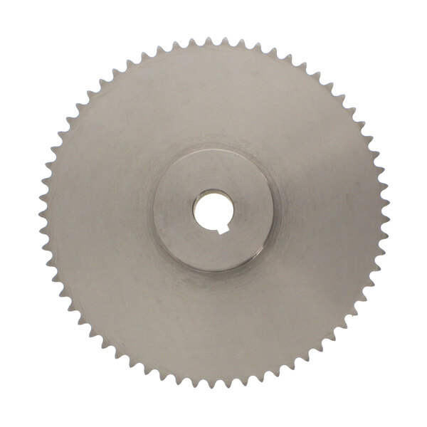 A circular metal sprocket with a hole in the center.