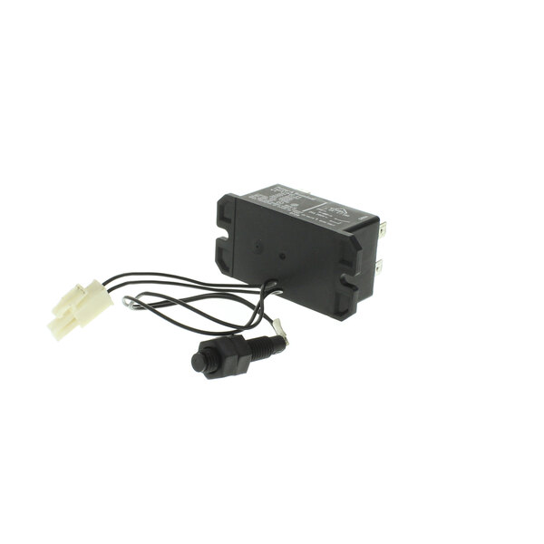A black Hobart electronic relay with wires attached.