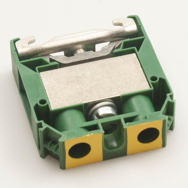 A green and yellow Rational Terminal Block with two holes.