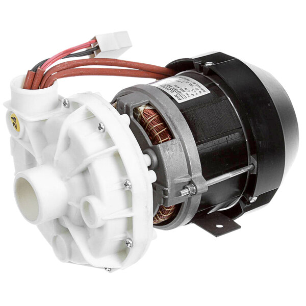 A white plastic Jet Tech pump and motor assembly with a red and white wire.