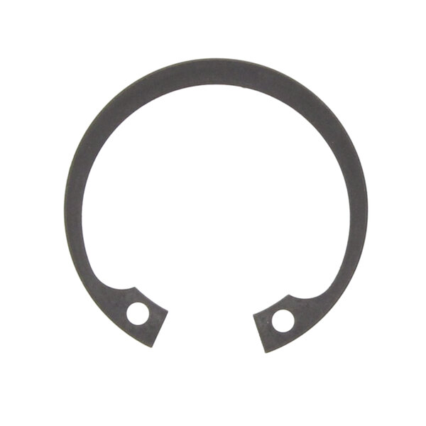 A black metal Univex retaining ring with two holes.