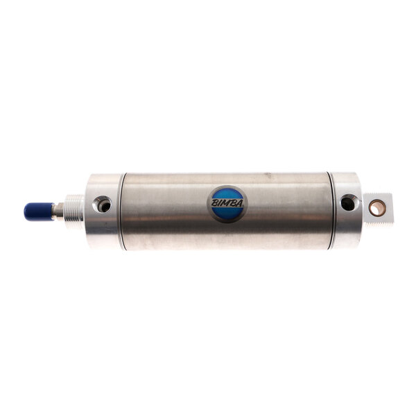 A stainless steel Nieco cylinder with a blue handle.