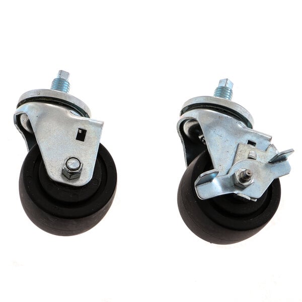 A pair of Hoshizaki casters with two black rubber wheels and one metal pin.