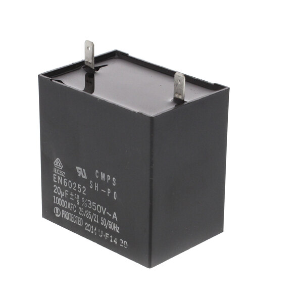 A black square Hoshizaki gear motor capacitor with white text.