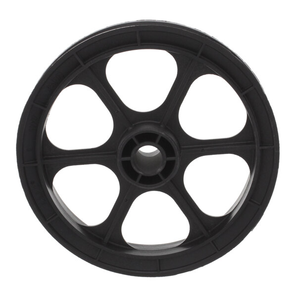 A black wheel with four spokes and a white center.