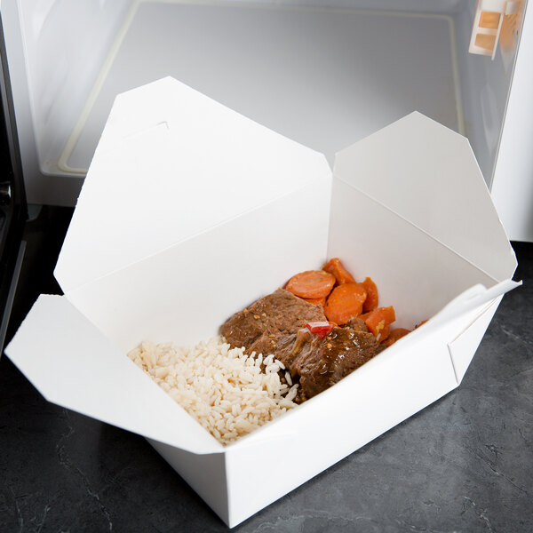 A white Fold-Pak Bio-Pak take-out box with rice and meat inside.