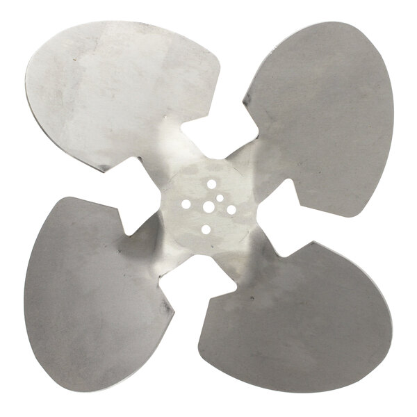 A metal Beverage-Air fan blade with four blades and holes.