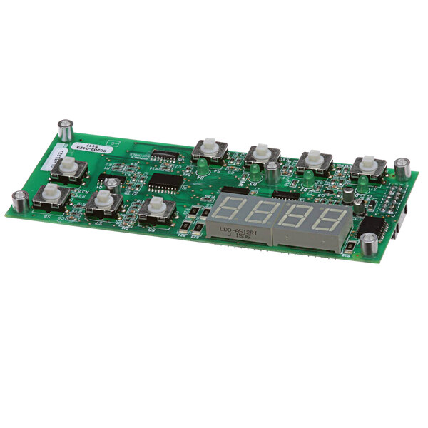 An Antunes green circuit board with digital displays and white buttons.