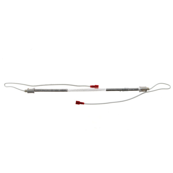 A white wire and a red wire with connectors on the ends.