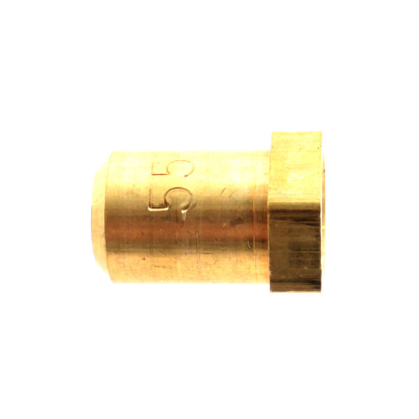A brass threaded nut on a brass pipe.