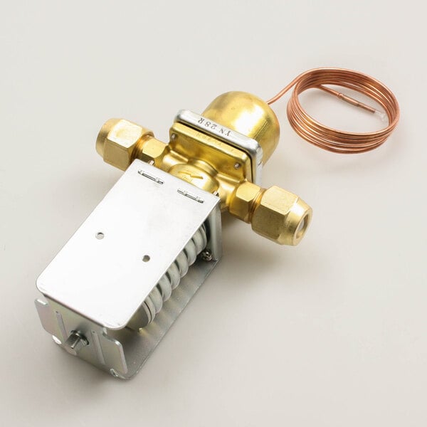A close-up of a brass and copper Hoshizaki water regulator.
