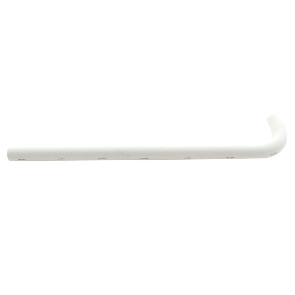 A white plastic drain hose with a white hook.