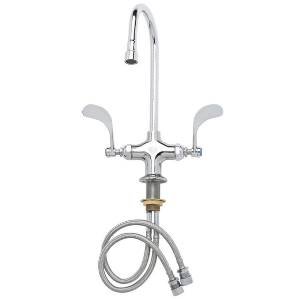 A T&S chrome deck-mounted pantry faucet with flex inlets and wrist action handles.