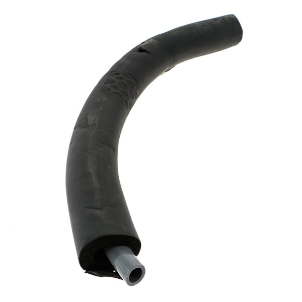 A black rubber tube with a small pipe on it, on a white background.