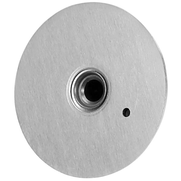 A circular silver Crown Steam skirted knob with a hole in the center.