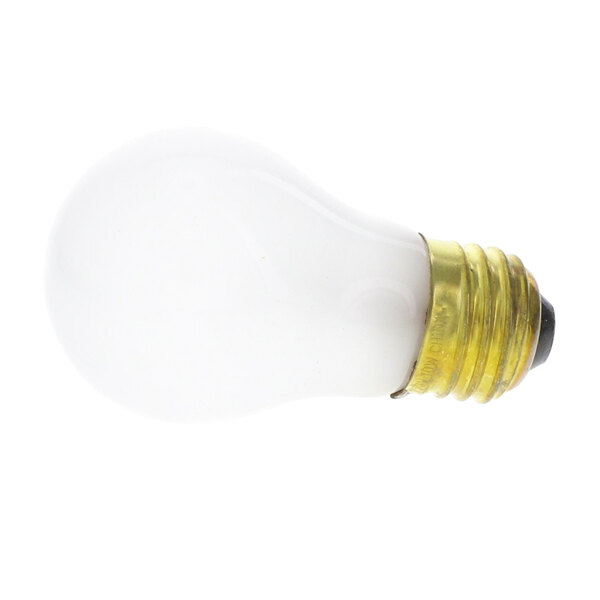 A NU-VU 240v 40w light bulb with a white base and gold ring.