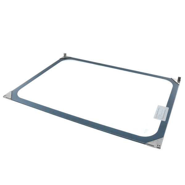 A rectangular white glass door panel with a blue rectangular frame and metal corners.