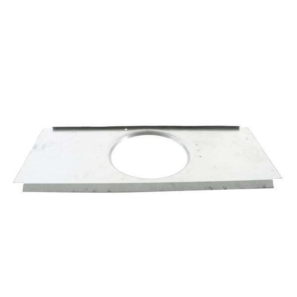 A metal plate with a circular white center and a black border with a hole in it.