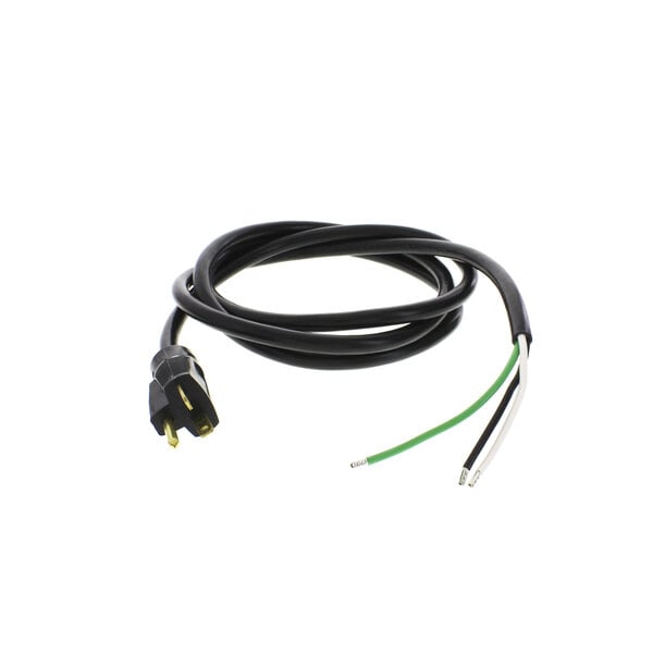 A black power cord with a yellow plug and green and black wires.