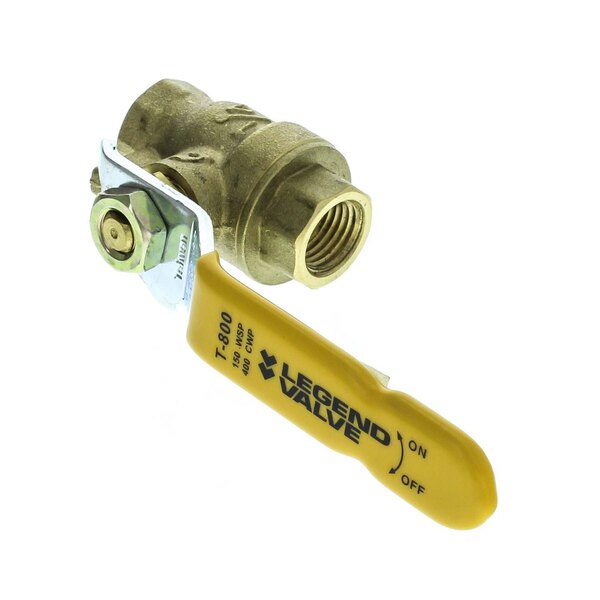 A close-up of a brass Market Forge water inlet valve with a yellow handle.