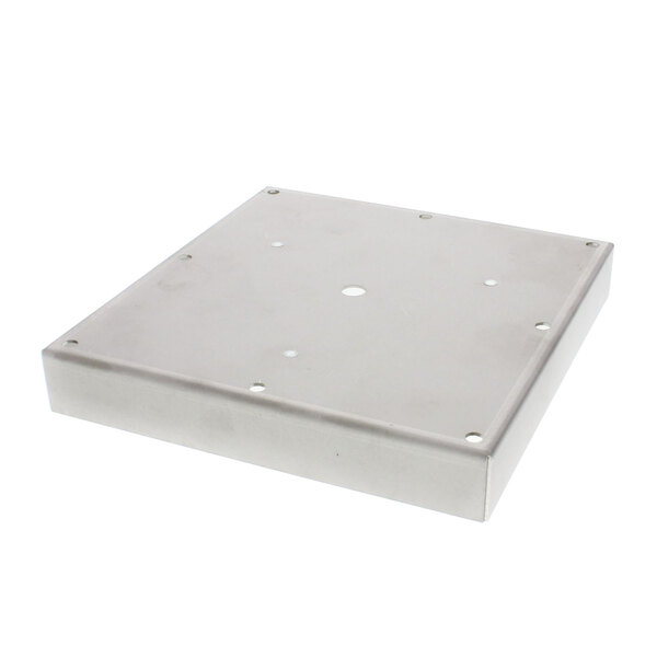 A white metal square plate with holes.