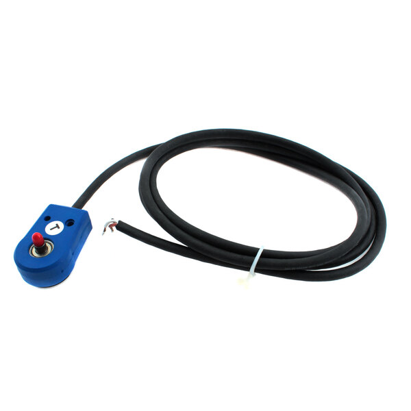 A blue, black, and red cable with a red button.